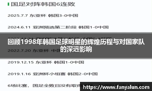 回顾1998年韩国足球明星的辉煌历程与对国家队的深远影响